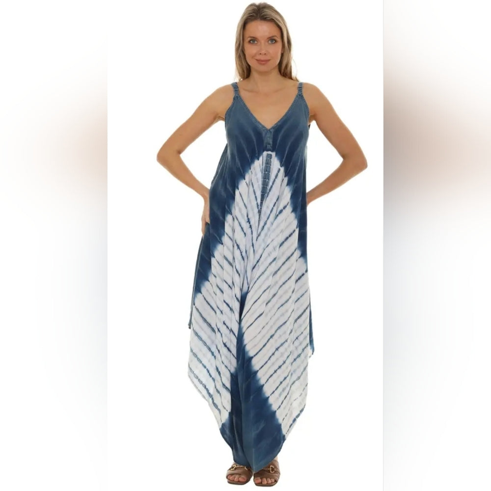 Blue and White Tie-Dye Harem Jumpsuit