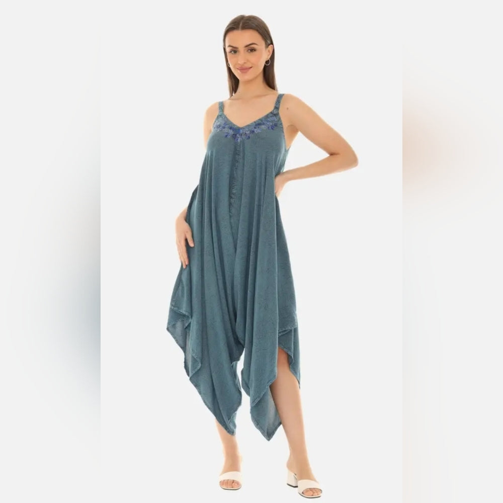 Blue Teal Sleeveless Dress with Embroidered Details