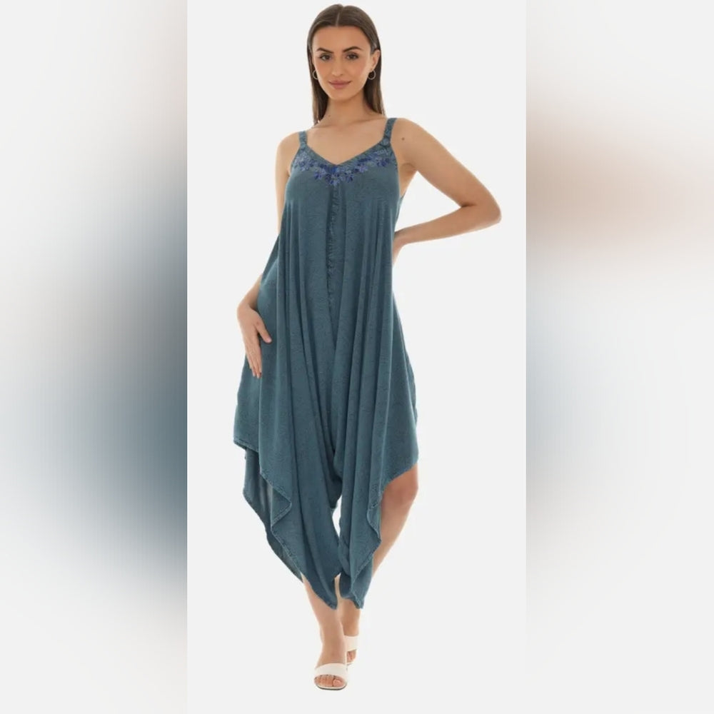 Blue Teal Sleeveless Dress with Embroidered Details