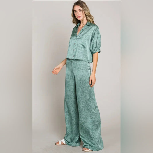 Stylish Green Satin Two-Piece Set