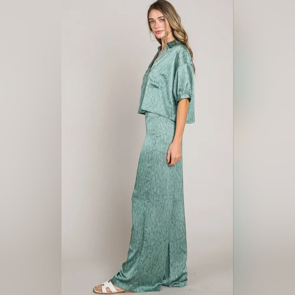 Stylish Green Satin Two-Piece Set