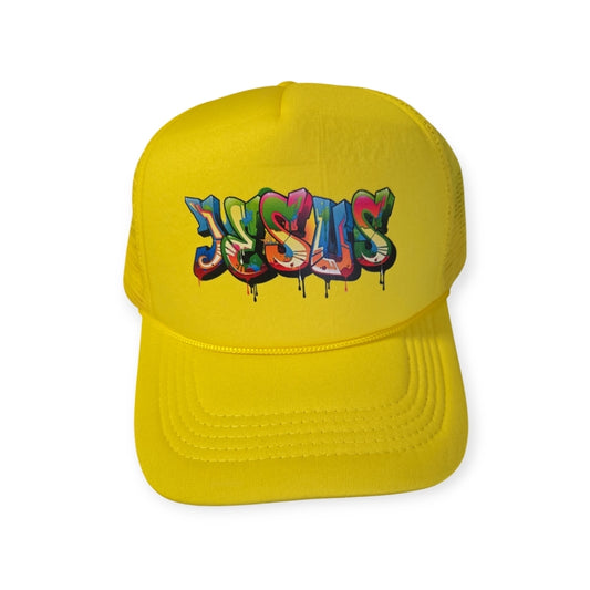 Yellow Trucker Hat with Colorful Graphic "JESUS"