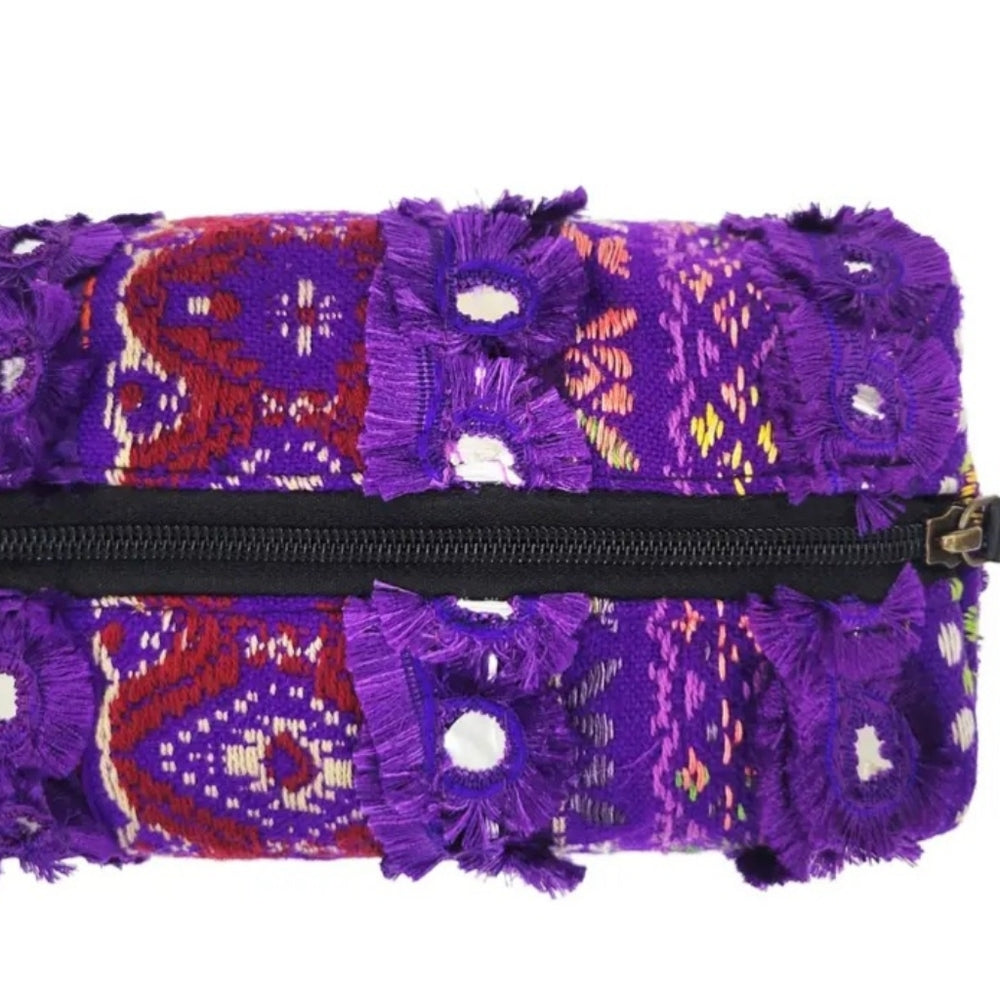 Purple Embellished Cosmetic Bag with Intricate Patterns