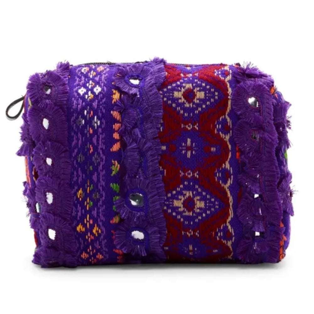 Purple Embellished Cosmetic Bag with Intricate Patterns