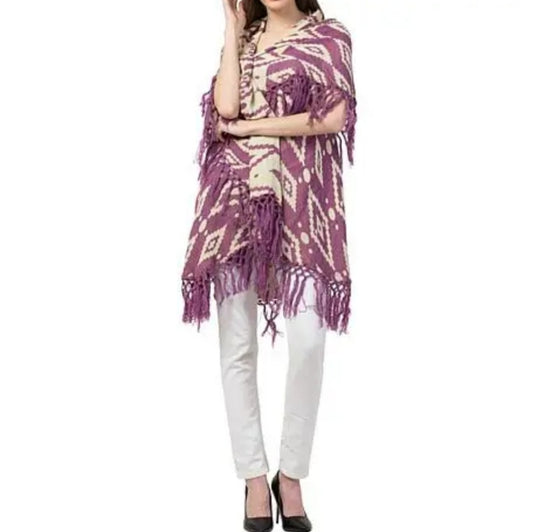 Purple and Cream Poncho with Fringe