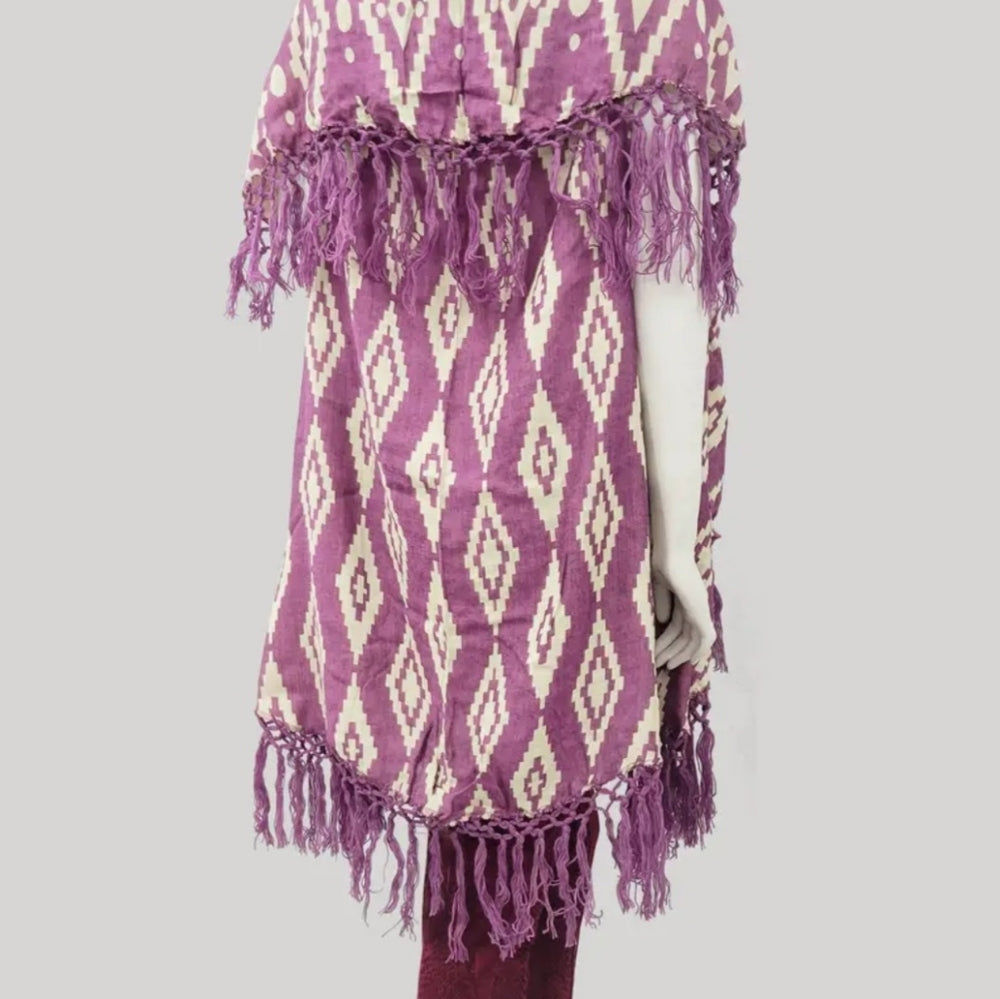 Purple and Cream Poncho with Fringe