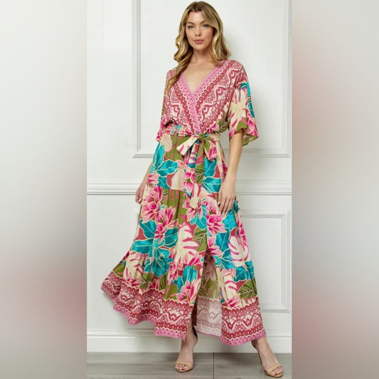 Floral Maxi Dress with Pink and Green Accents