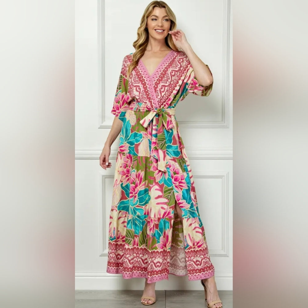 Floral Maxi Dress with Pink and Green Accents