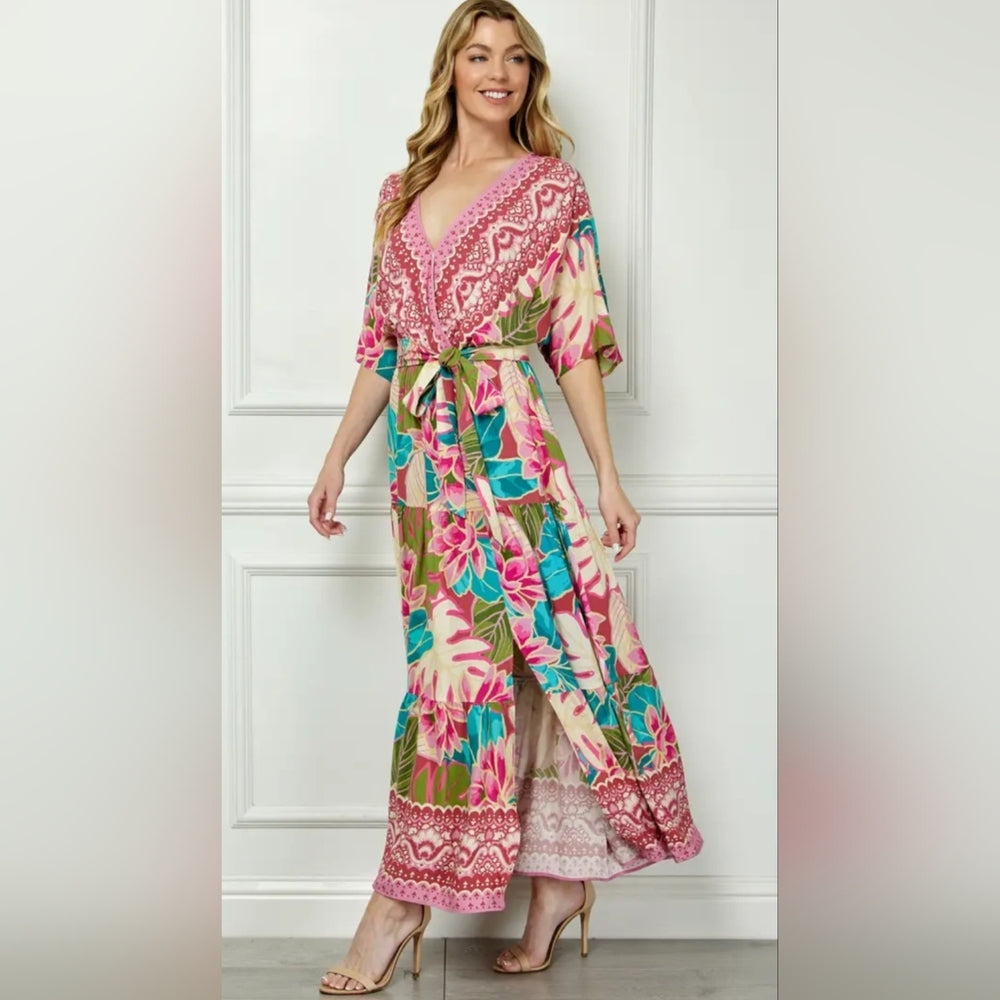 Floral Maxi Dress with Pink and Green Accents
