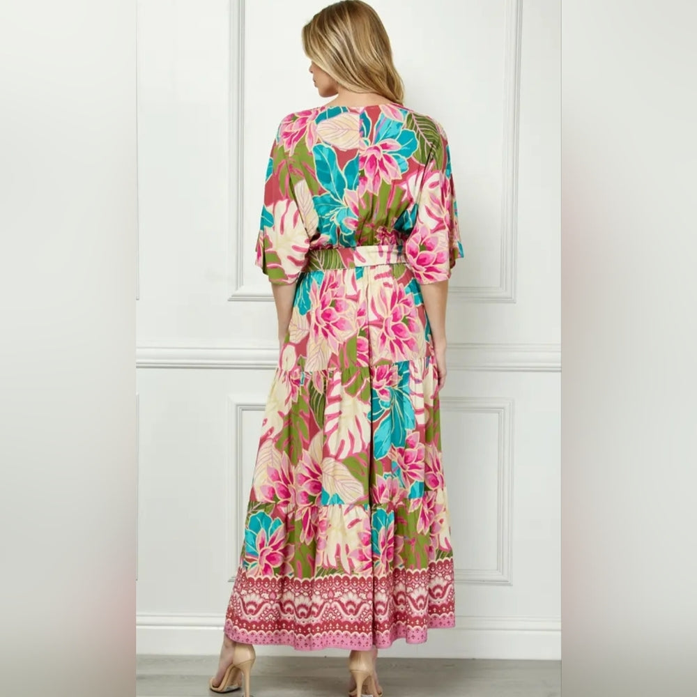Floral Maxi Dress with Pink and Green Accents