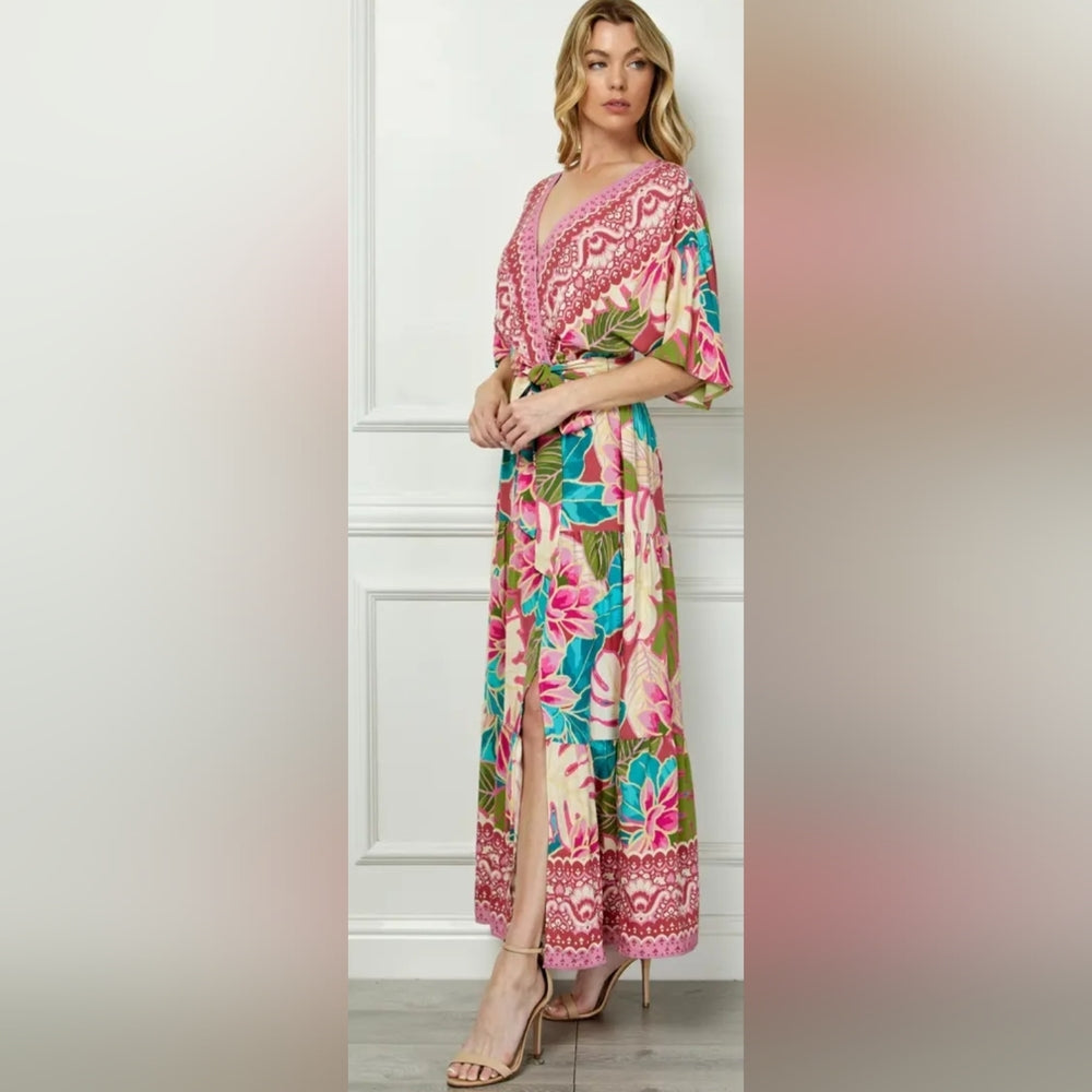 Floral Maxi Dress with Pink and Green Accents