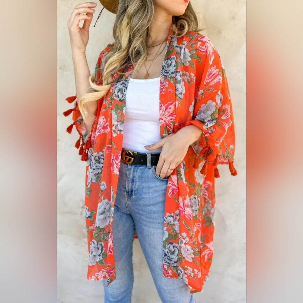 Floral Kimono Cardigan CORAL