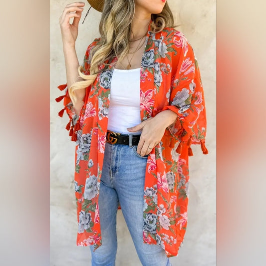 Floral Kimono Cardigan CORAL