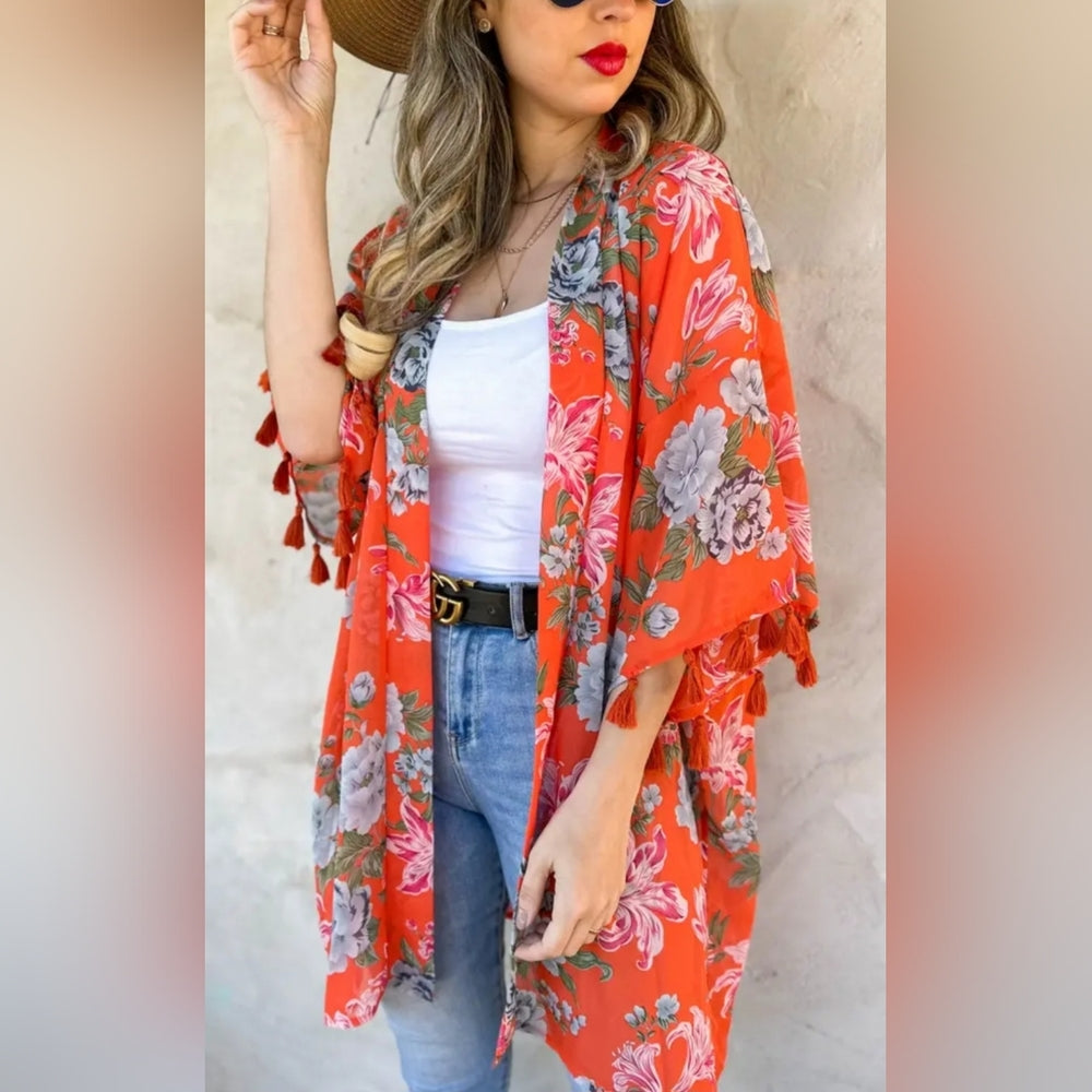 Floral Kimono Cardigan CORAL