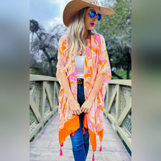 Vibrant Orange and Pink Kimono