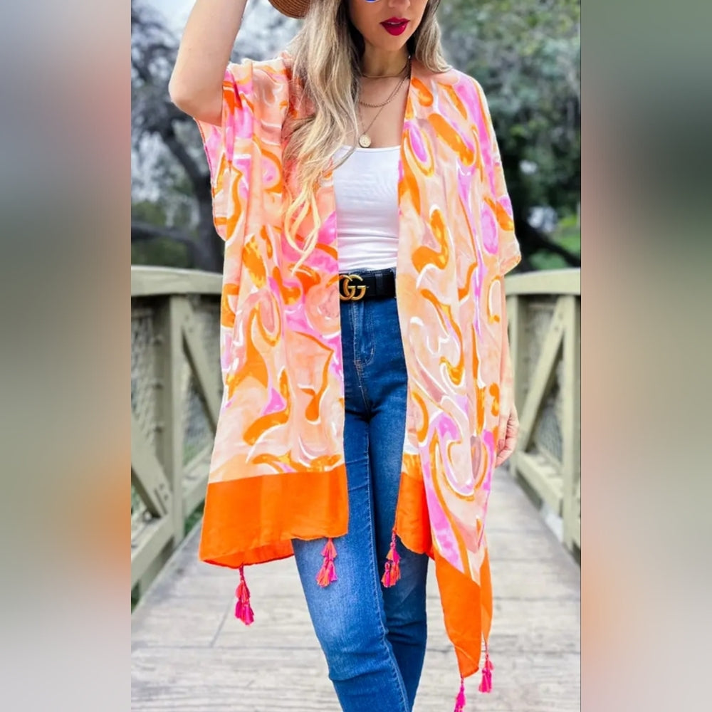 Vibrant Orange and Pink Kimono