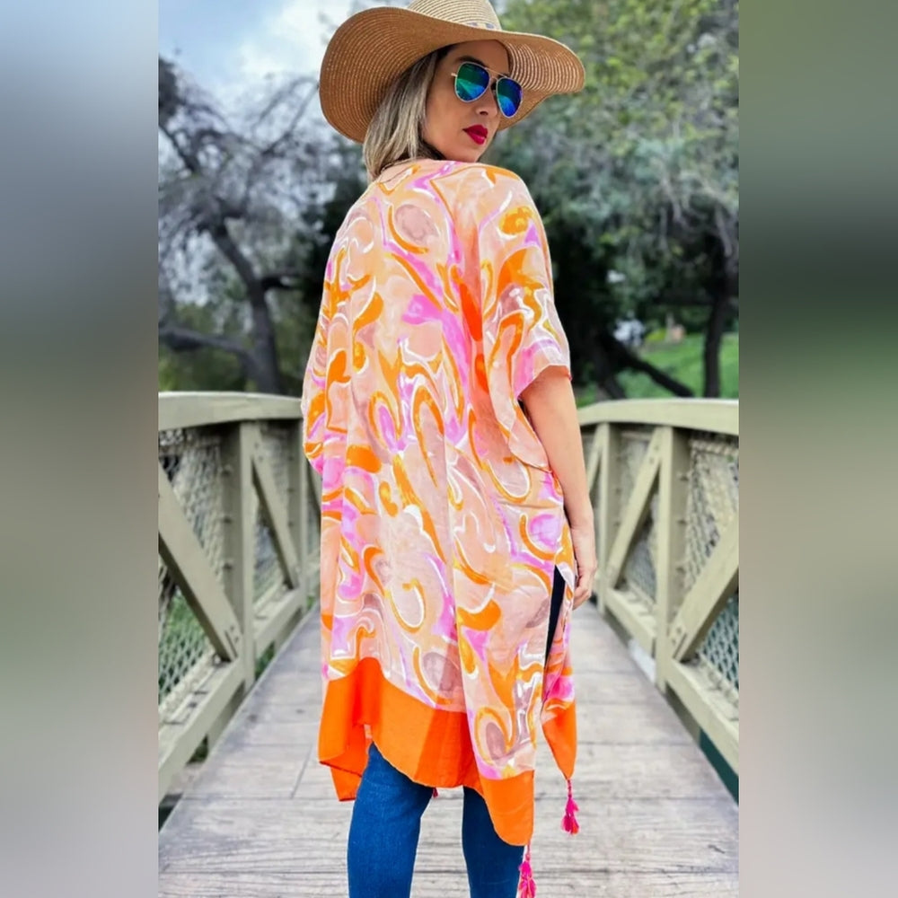 Vibrant Orange and Pink Kimono
