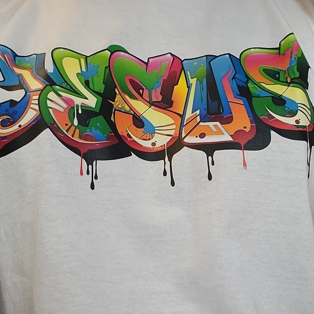 White Graffiti Short Sleeve Tee with Vibrant Design