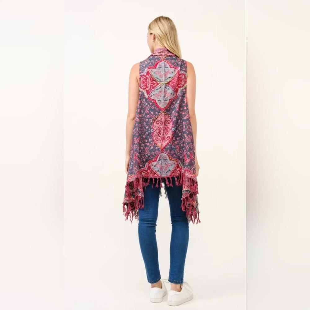 Pink and Blue Paisley Fringe Kimono Cardigan Vest