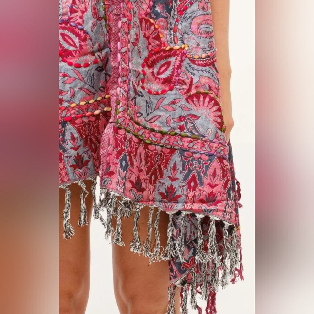 Pink and Blue Paisley Fringe Kimono Cardigan Vest