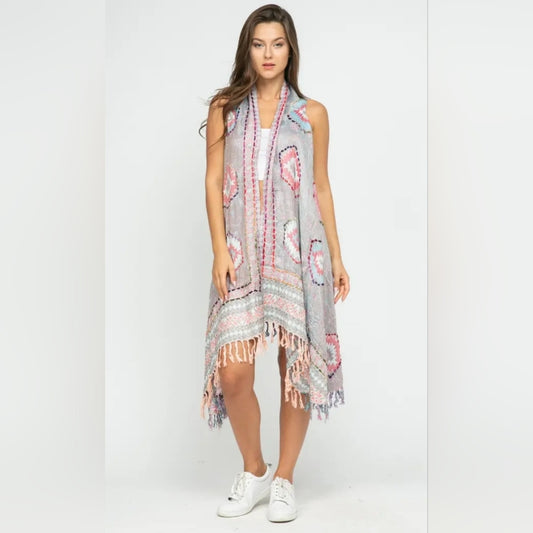 Gray Sleeveless Vest Kimono Cardigan with Fringe and Pink Accents