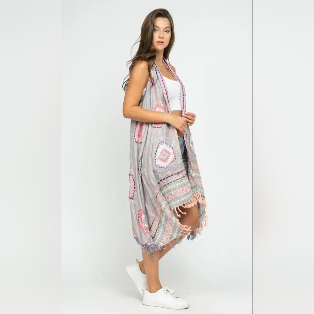 Gray Sleeveless Vest Kimono Cardigan with Fringe and Pink Accents