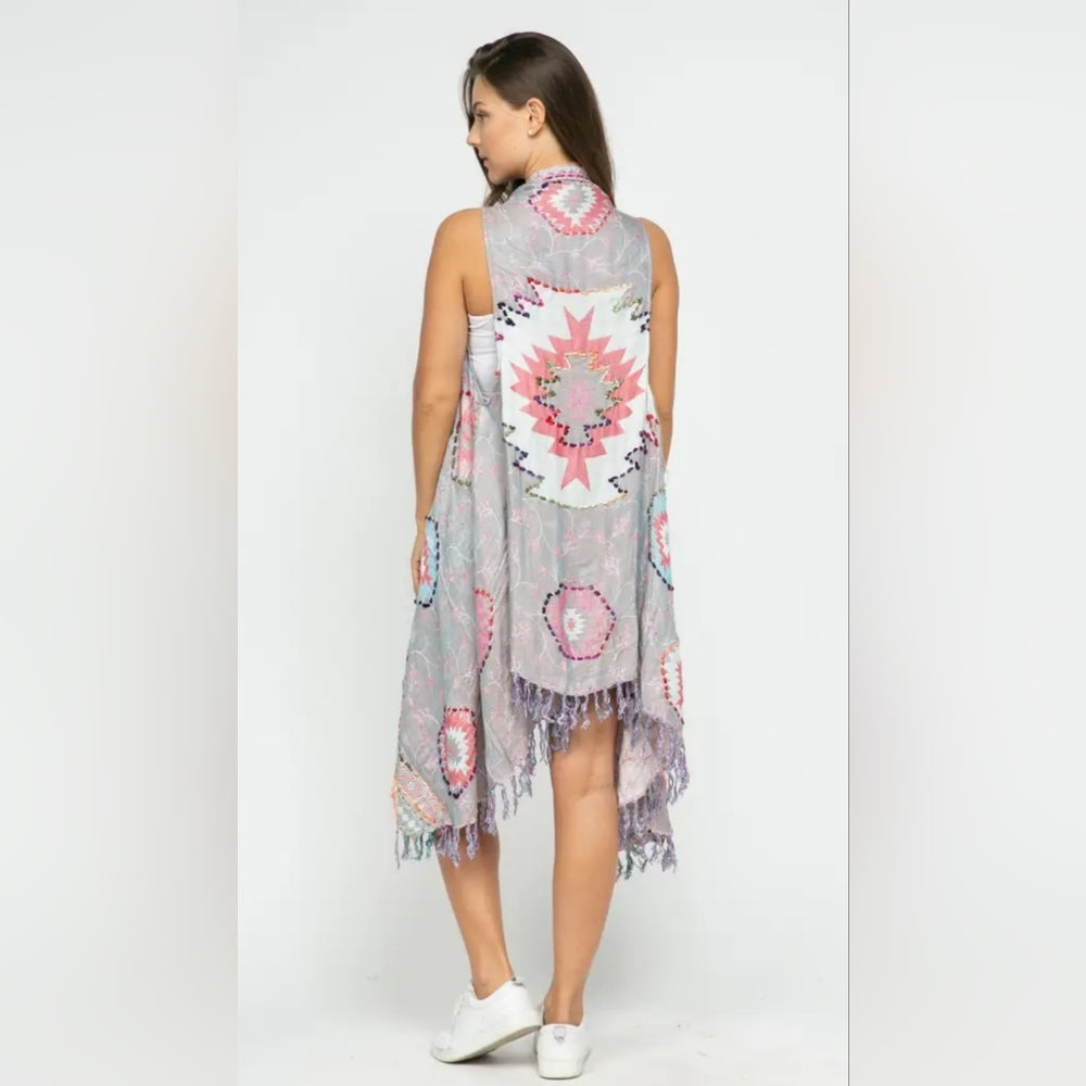 Gray Sleeveless Vest Kimono Cardigan with Fringe and Pink Accents