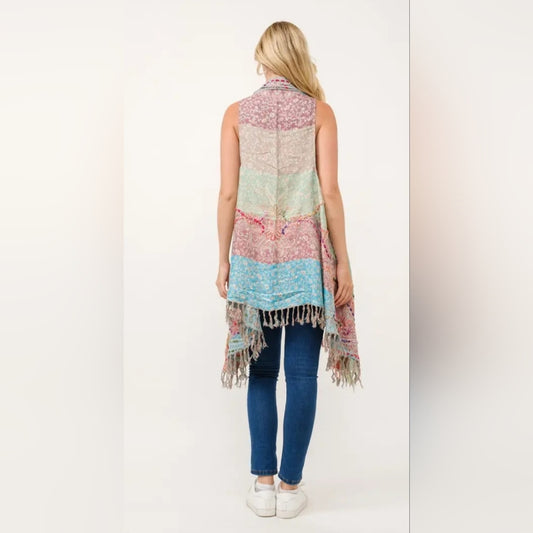 Multicolor Sleeveless Fringe Cardigan Vest Kimono