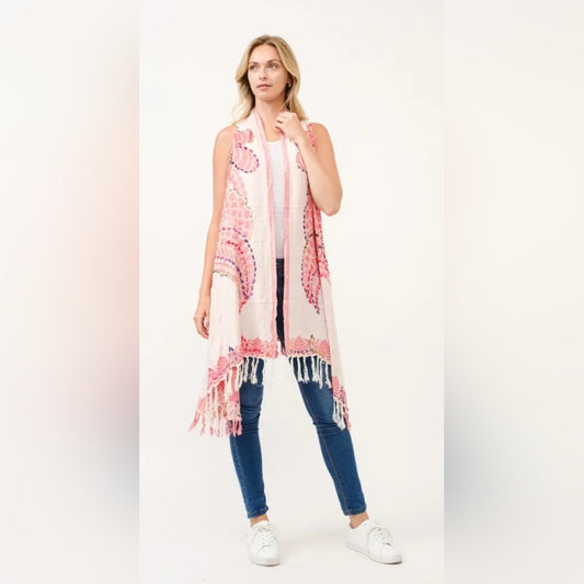 Pink and White Sleeveless Fringe Cardigan Vest Kimono