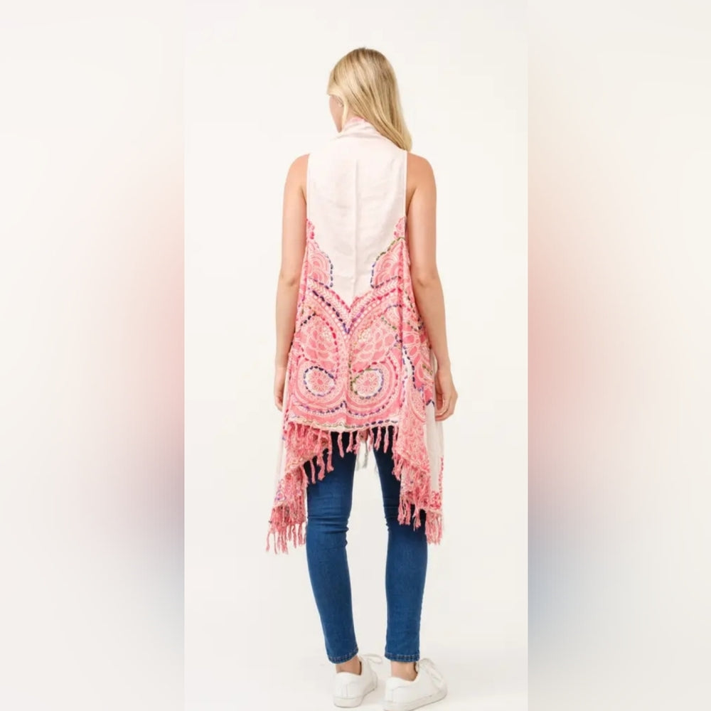 Pink and White Sleeveless Fringe Cardigan Vest Kimono