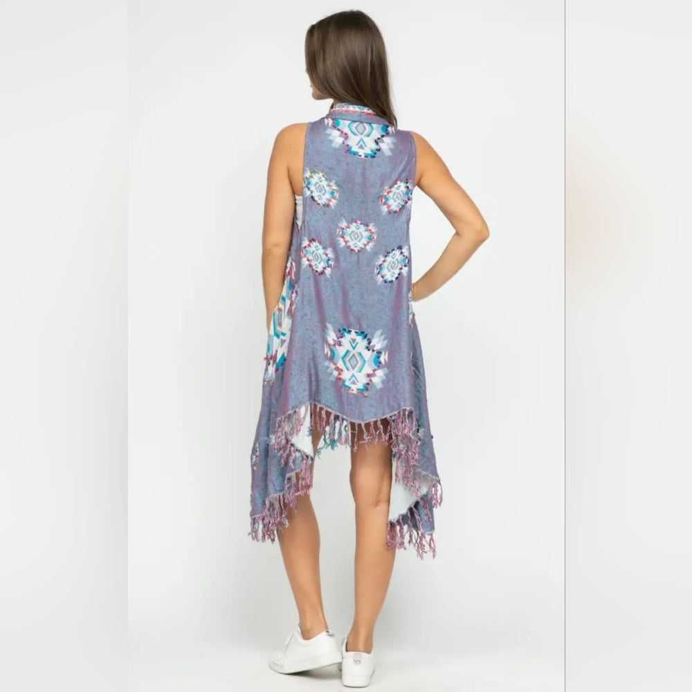 Bohemian Blue Sleeveless Kimono Cardigan Vest