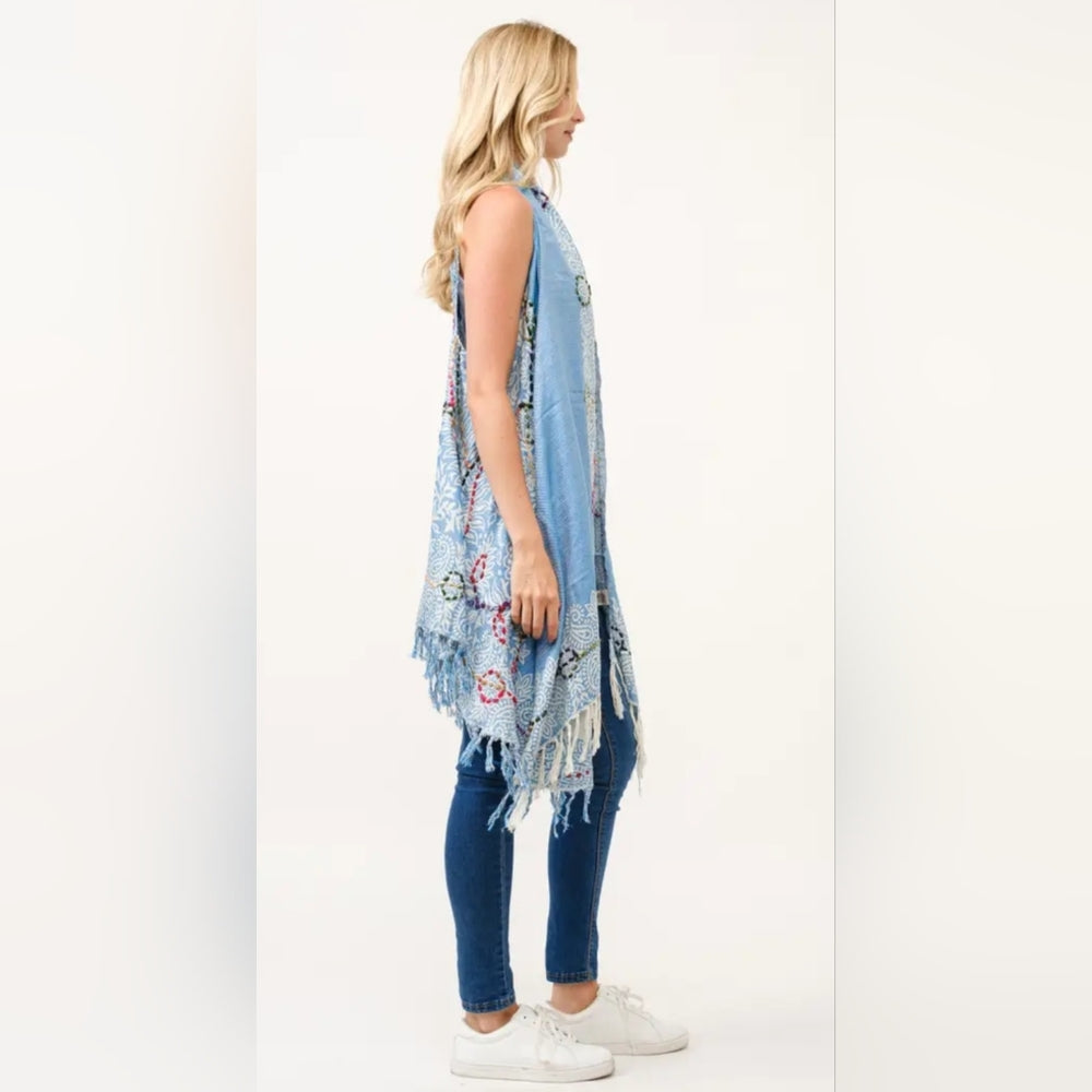 Light Blue Fringed Vest Kimono Cardigan