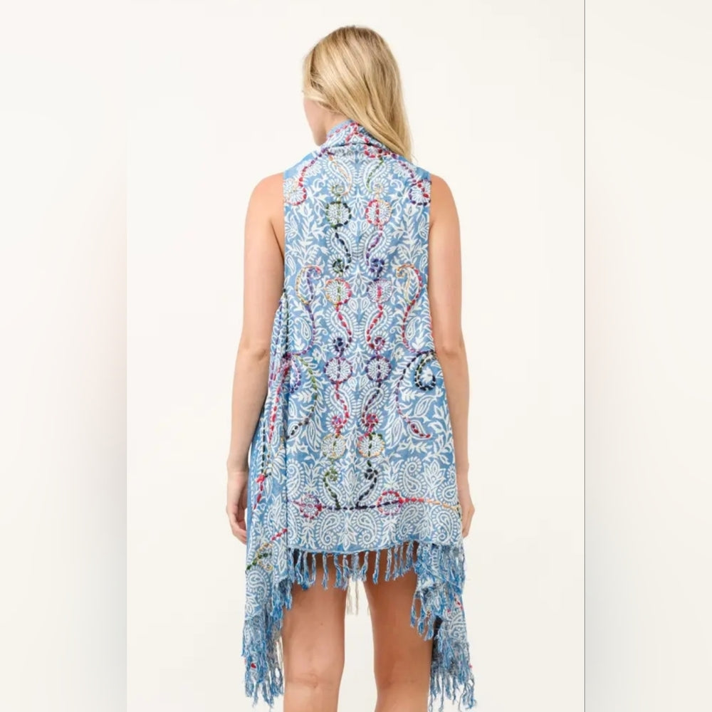 Light Blue Fringed Vest Kimono Cardigan
