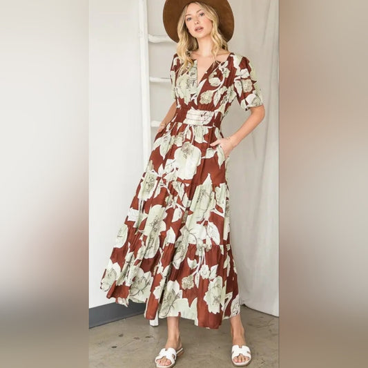 Floral Brown and Cream Maxi Dress
