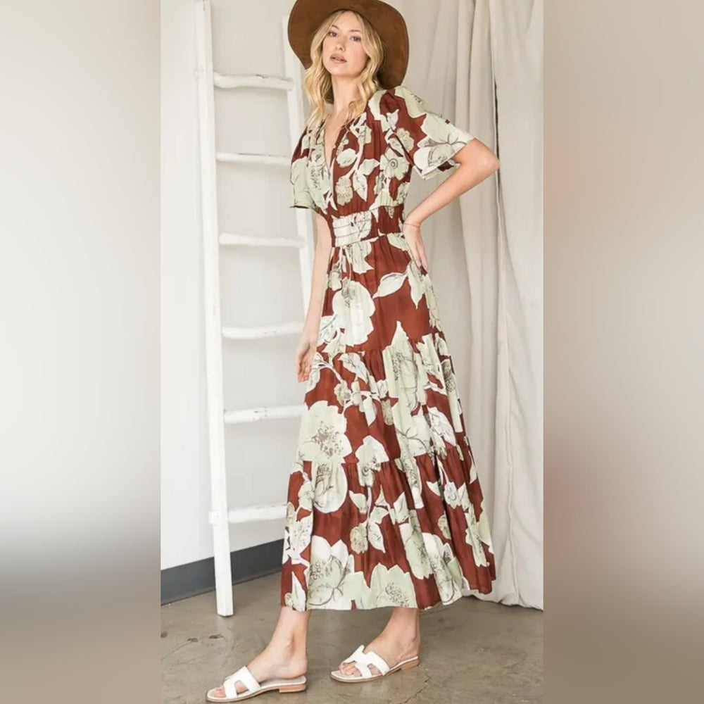 Floral Brown and Cream Maxi Dress