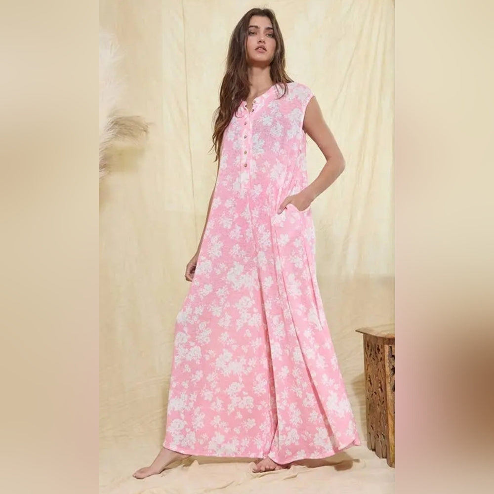 Pink Floral Sleeveless Maxi Dress