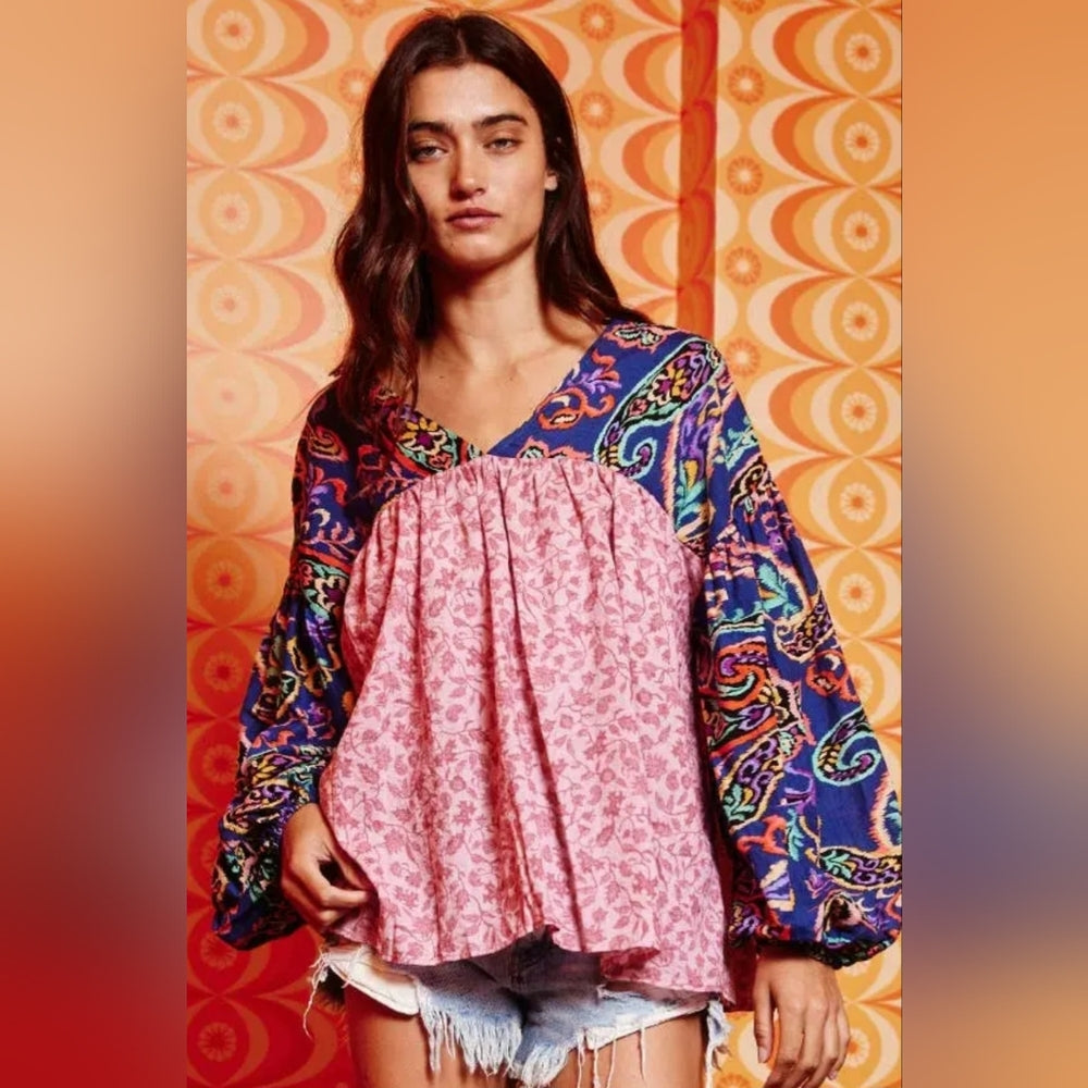 Bohemian Pink and Blue Patterned Women's Top