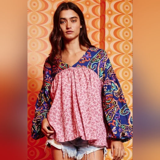 Bohemian Pink and Blue Patterned Women's Top