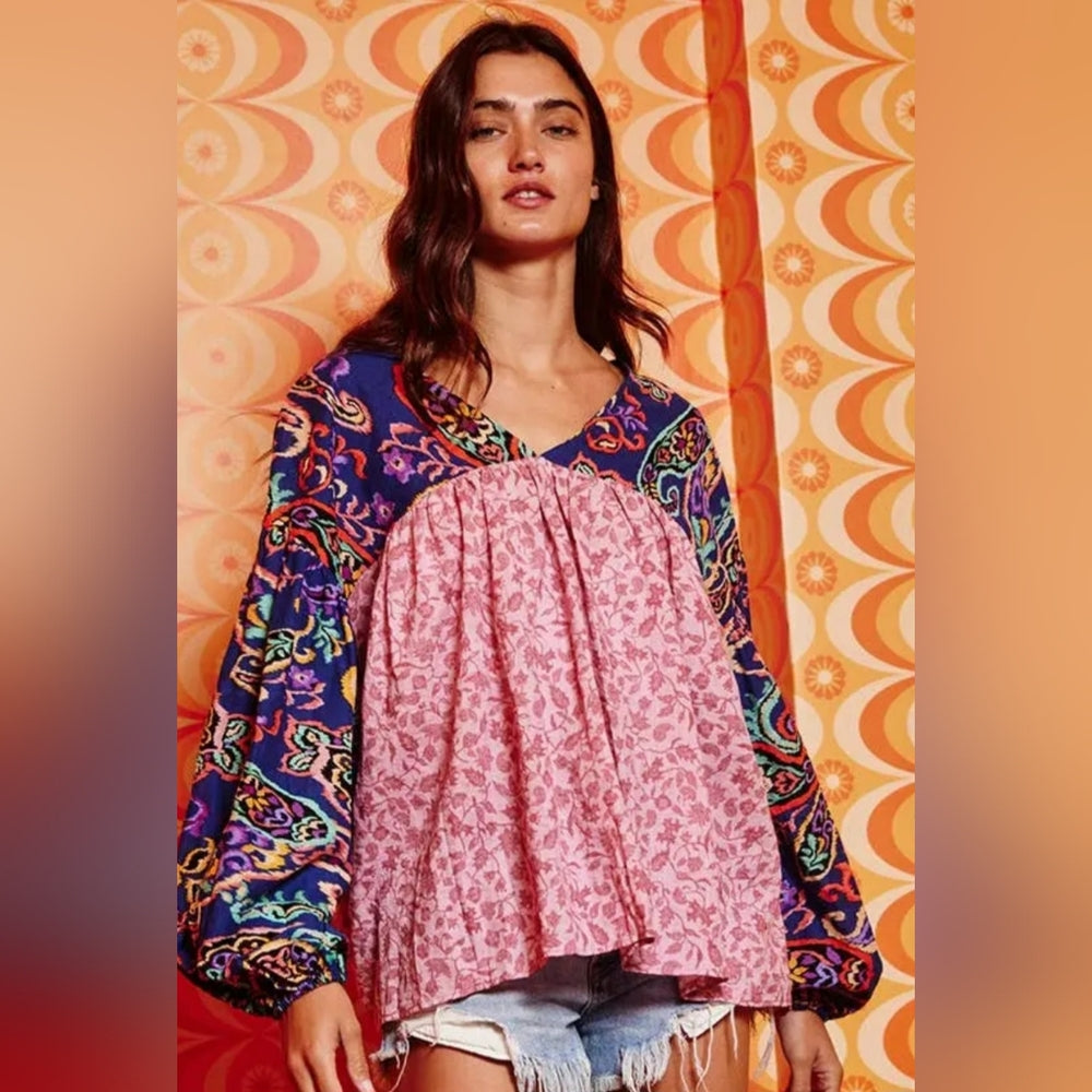 Bohemian Pink and Blue Patterned Women's Top