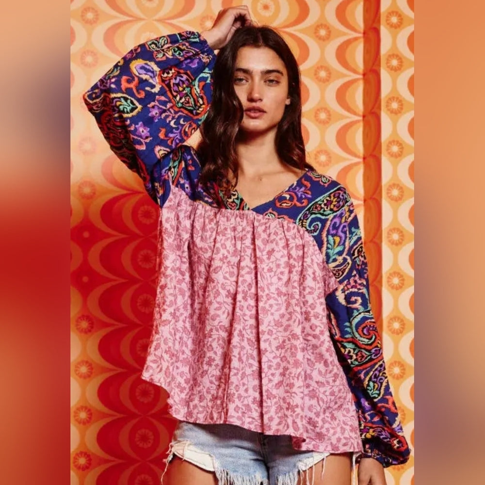 Bohemian Pink and Blue Patterned Women's Top