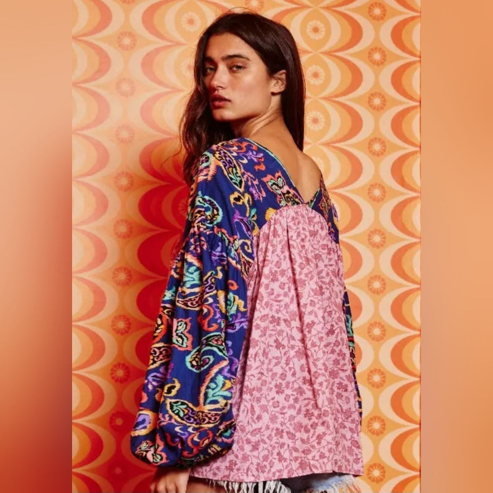 Bohemian Pink and Blue Patterned Women's Top