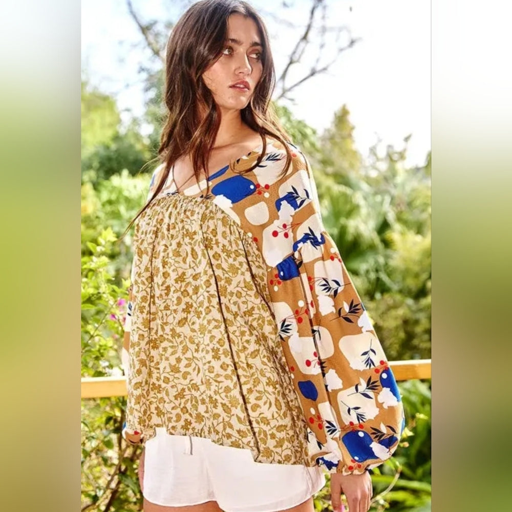 Floral and Geometric Patterned Women's Top