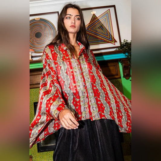 Red Boxy Bell Sleeve Blouse