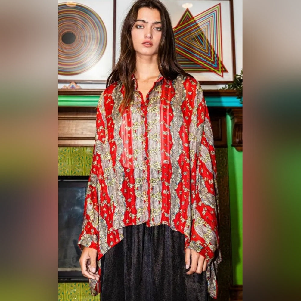 Red Boxy Bell Sleeve Blouse