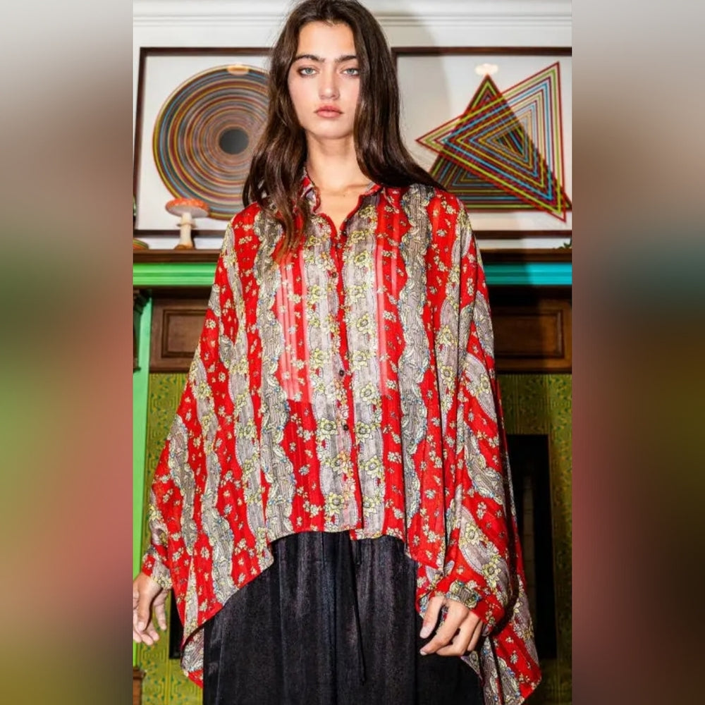 Red Boxy Bell Sleeve Blouse