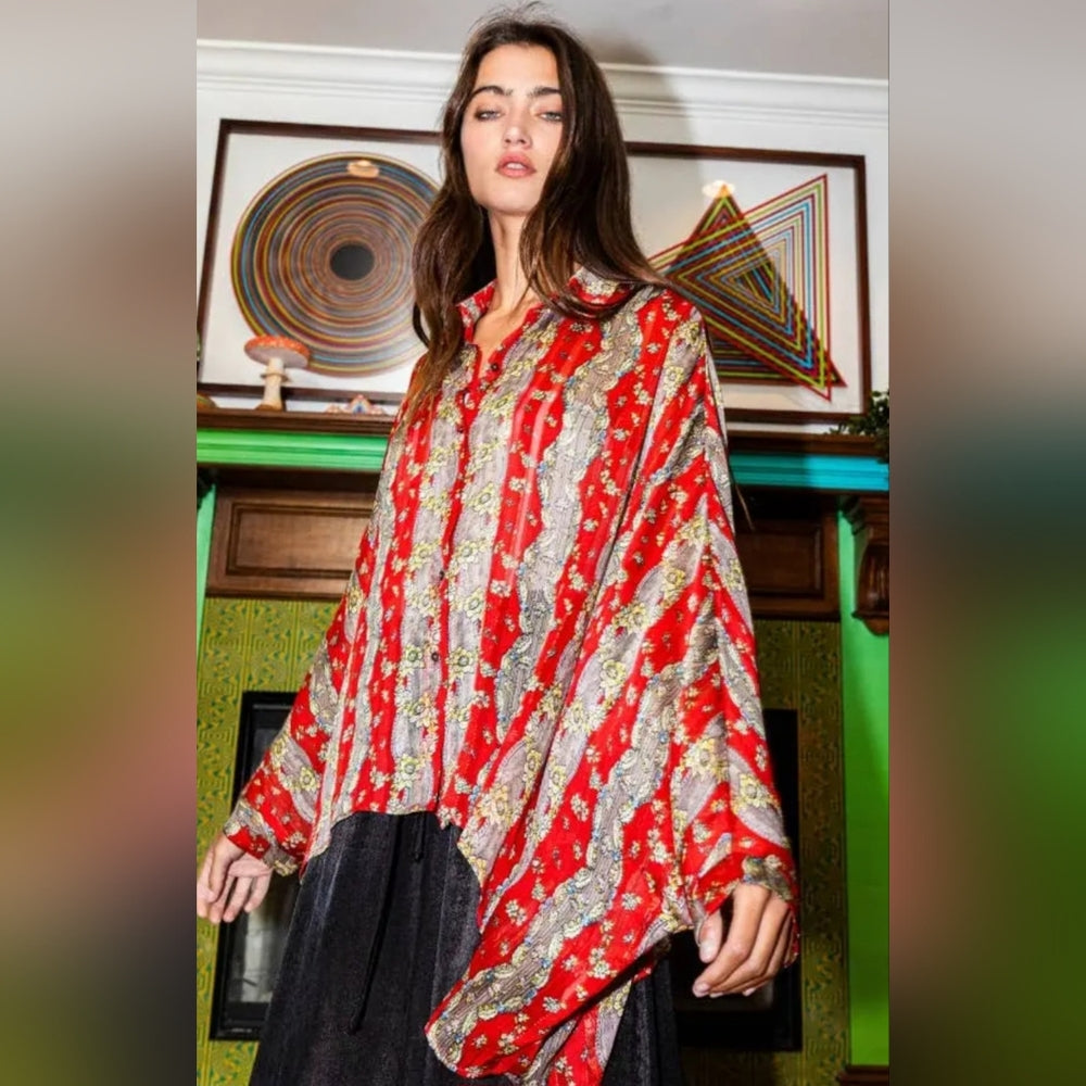 Red Boxy Bell Sleeve Blouse