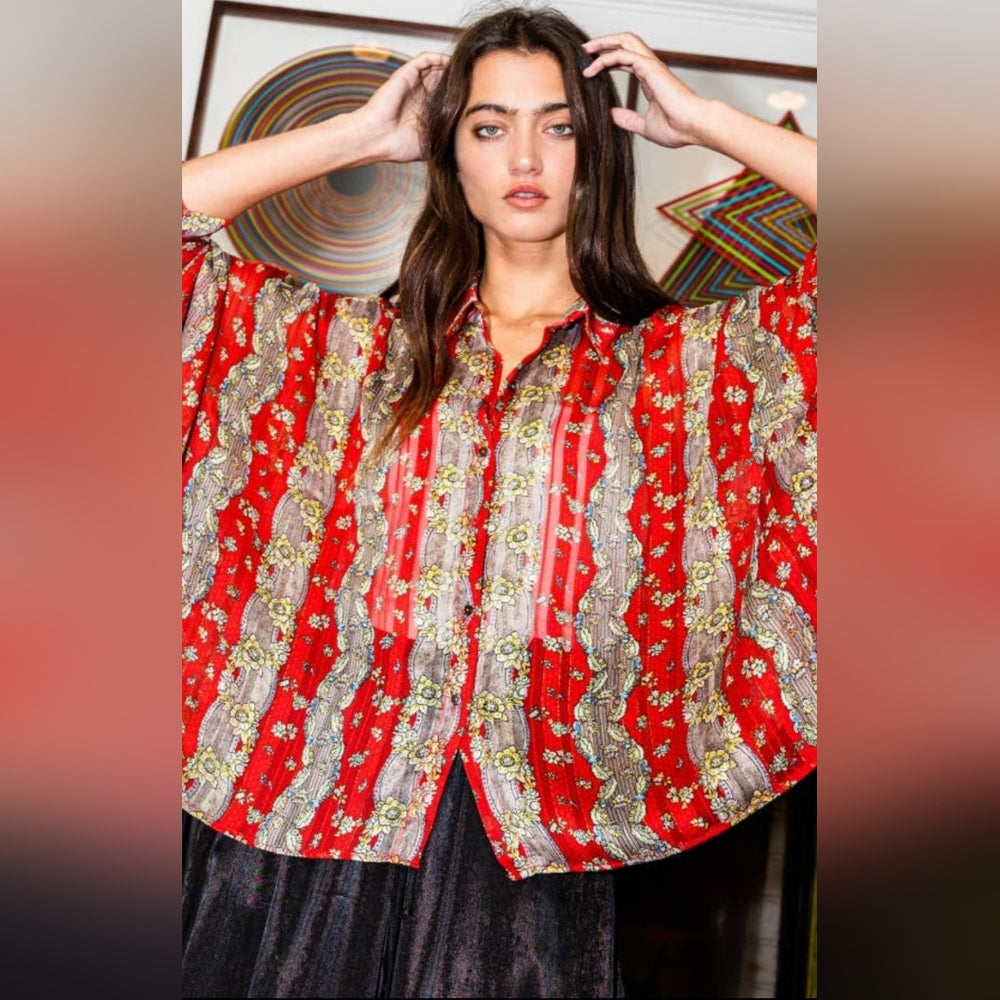 Red Boxy Bell Sleeve Blouse