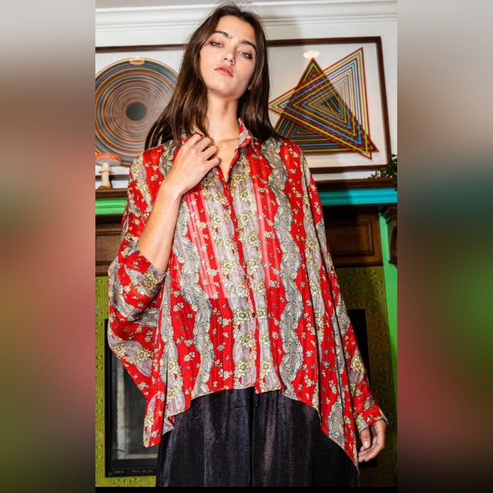 Red Boxy Bell Sleeve Blouse