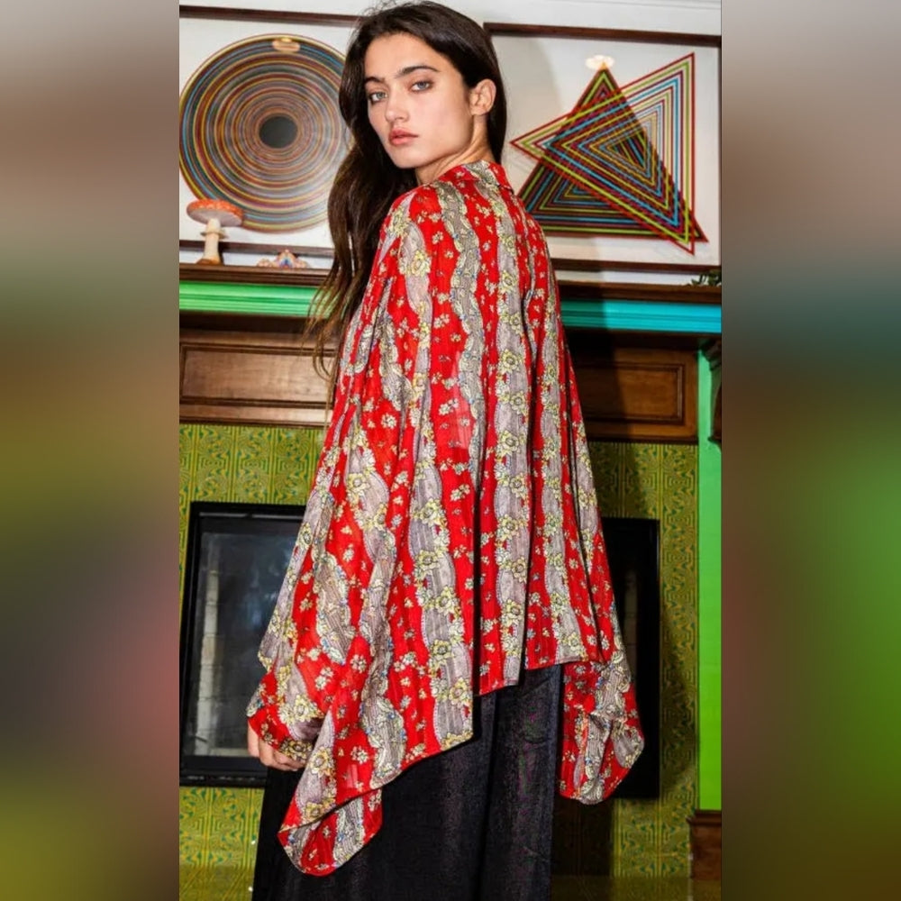Red Boxy Bell Sleeve Blouse