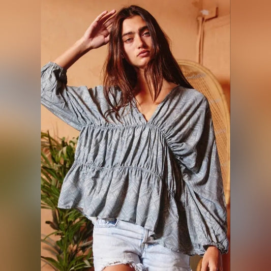 Blue Relaxed Ruched Blouse with Billowy Sleeves